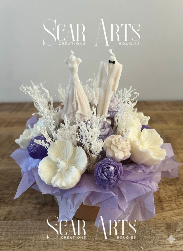 Bouquet de Bougies Fleurs "Éclat de Mauve" avec Mariés
